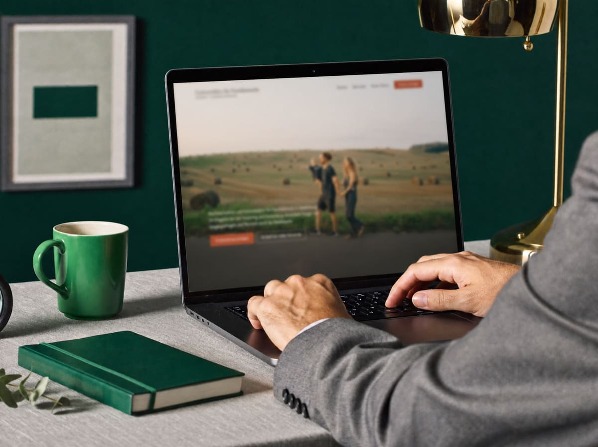 Hände auf der Tastatur eines Laptops an einem Schreibtisch vor dunkelgrüner Wand.