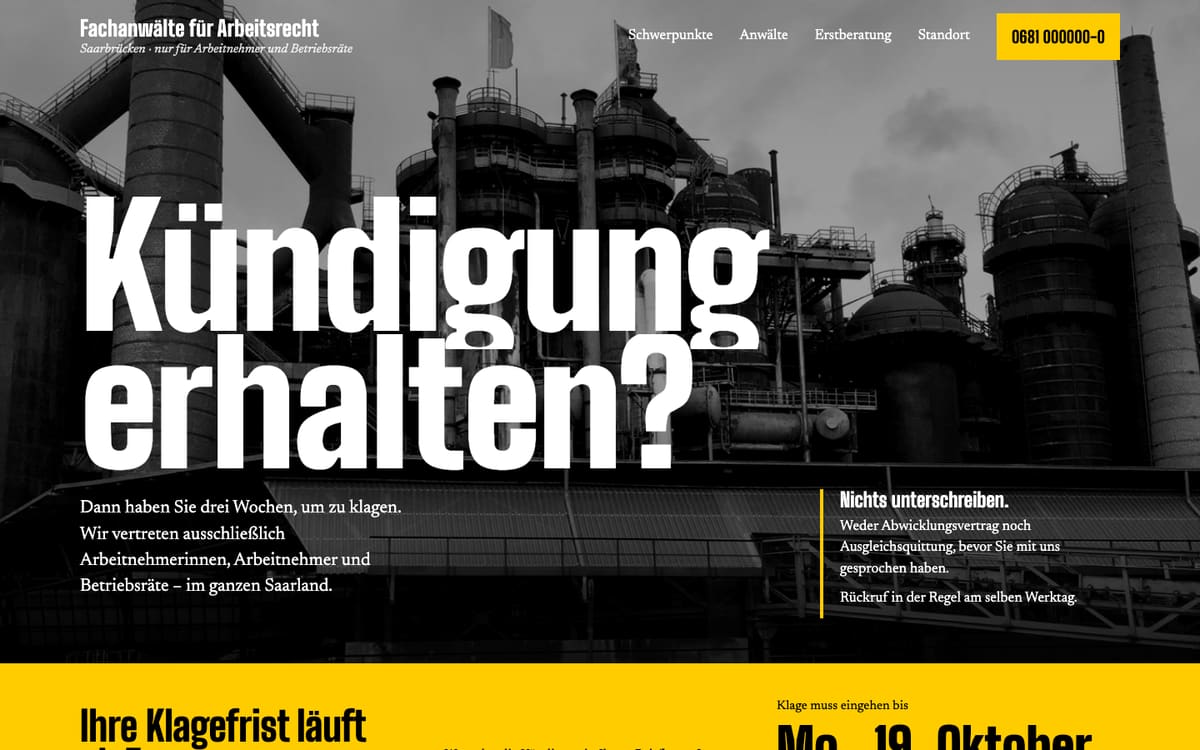 Designmuster einer Startseite, Schwerpunkt Arbeitsrecht.