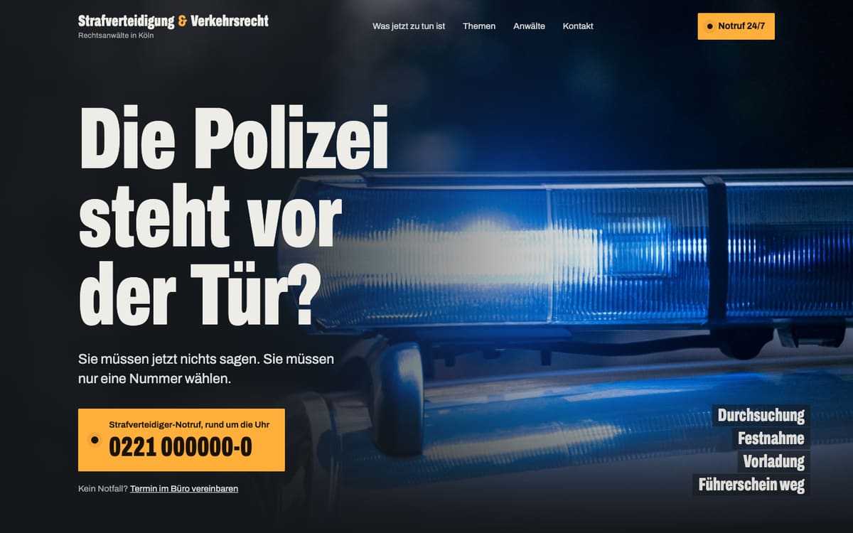 Designmuster einer Startseite, Schwerpunkt Strafrecht und Verkehrsrecht.
