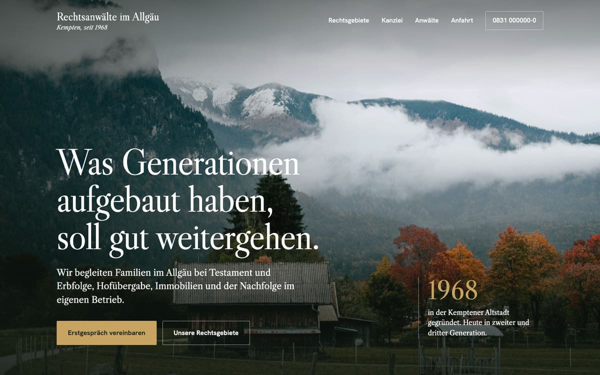 Designmuster einer Startseite, Schwerpunkt Erbrecht und Landwirtschaft.